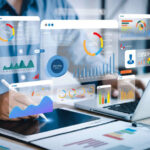 Person working on a tablet and laptop with floating marketing analytics charts and dashboards