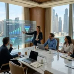 Team meeting in a Dubai Marina office as a presenter shows a quarterly sales growth chart on a screen